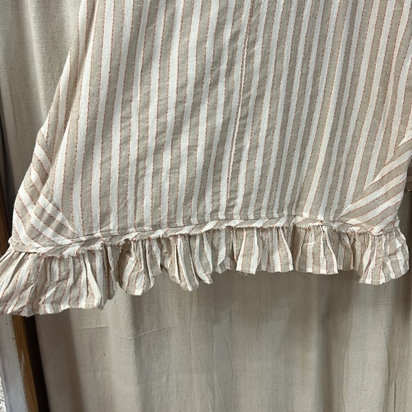 Striped Beige Button-Up Blouse with Ruffle Hem - Easel - Picture 5 of 8